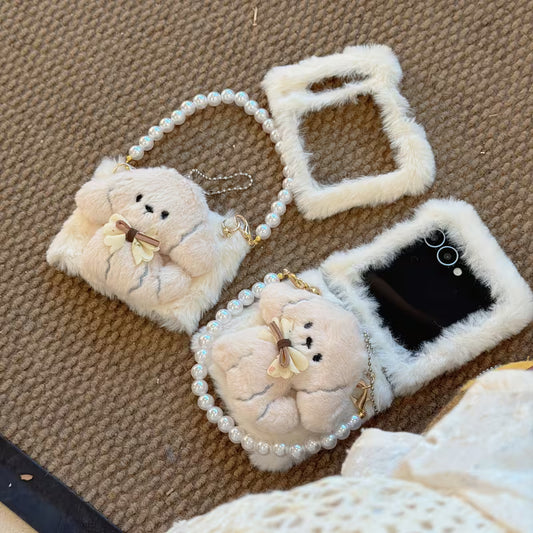 3D Plush Phone Case with Beaded Chain & Wrist Strap – Full Protection for Samsung Galaxy Z Flip 4/5/6/7 (Fall & Winter)