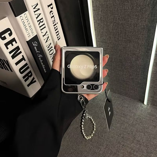 Mirror Silver Edge Phone Case with Silver Butterfly Stand & Heart Beaded Strap for Samsung Galaxy Z Flip 4/5/6/7